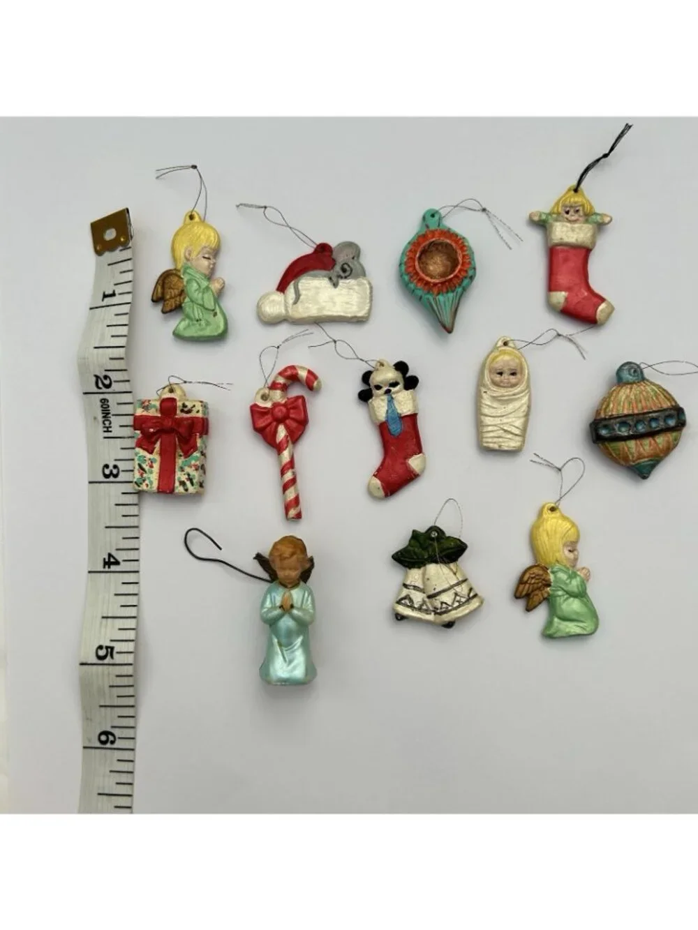 Vintage Handpainted Mini Ceramic Christmas Tree Ornaments Set of 12 Holiday
